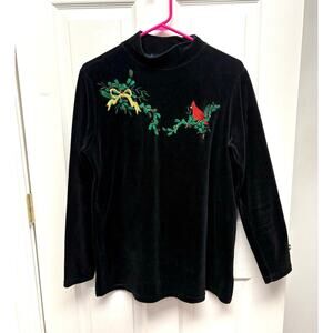 Christmas Cardinal Sweater, Karen Scott, Black Velour Grannycore, Size M